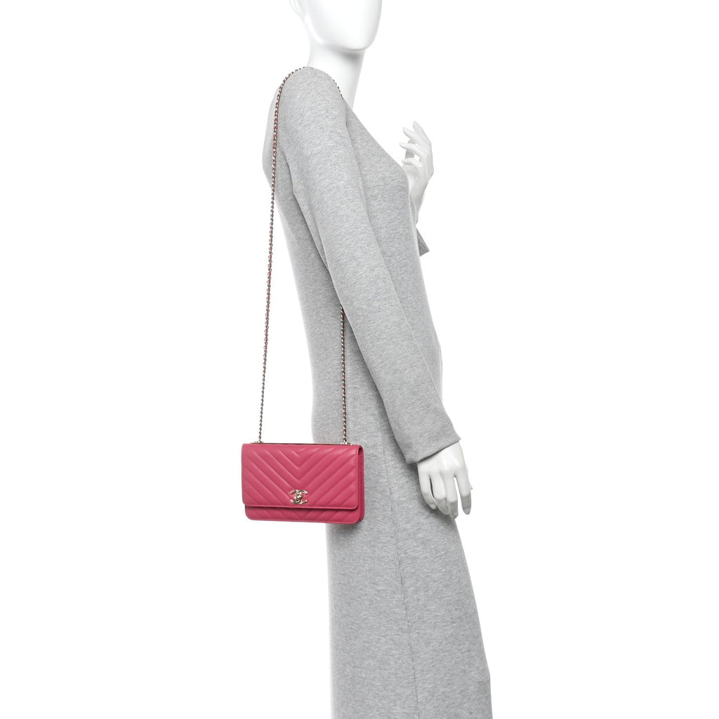 Lambskin Chevron Quilted Trendy CC Wallet On Chain WOC Pink