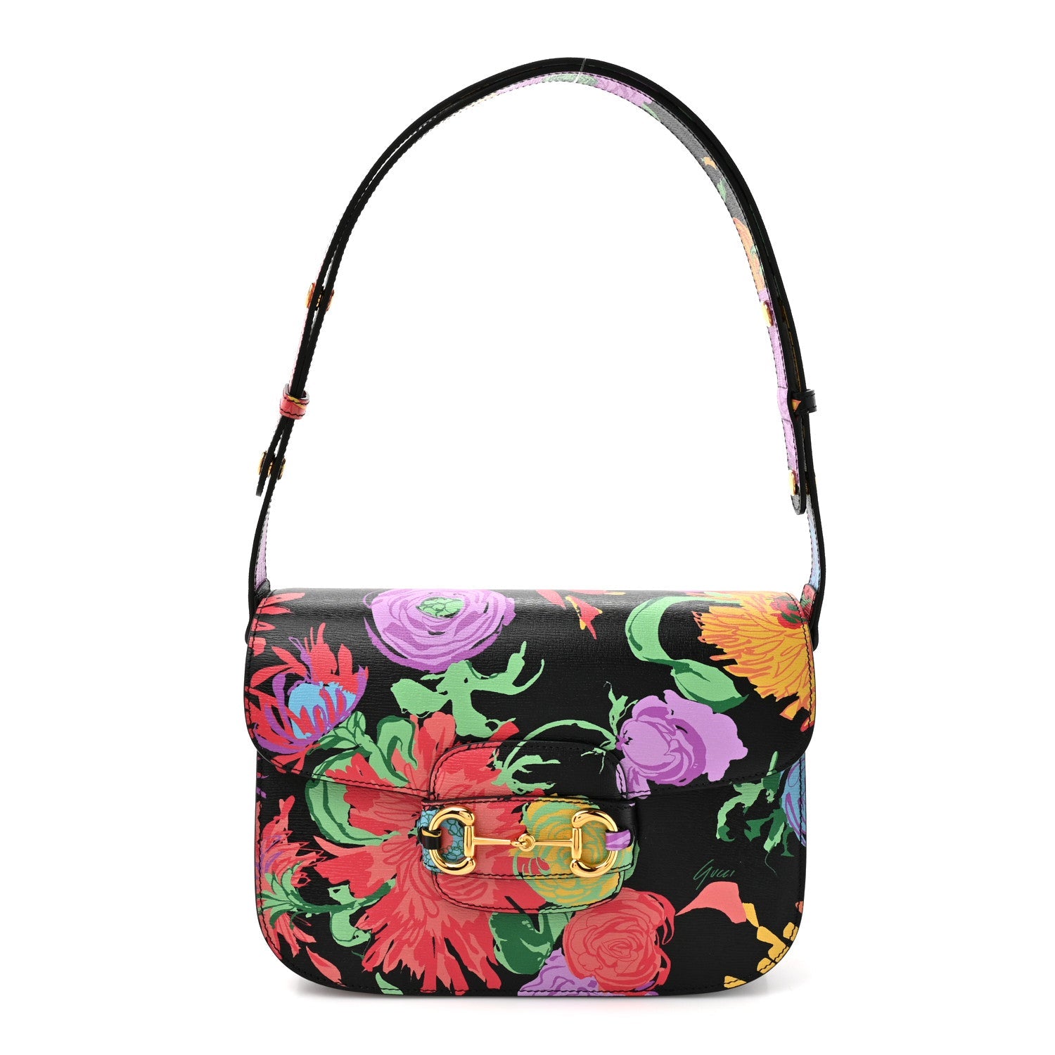 X KEN SCOTT New Shangai Calfskin Jenny Floral Print Horsebit 1955 Shoulder Bag Black Pink