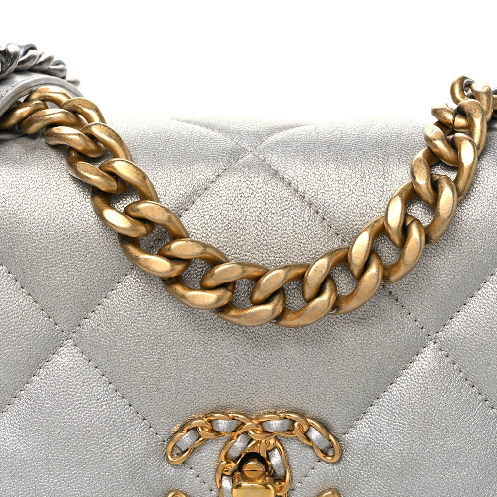 Metallic Goatskin Quilted Medium Chanel 19 Flap Silver