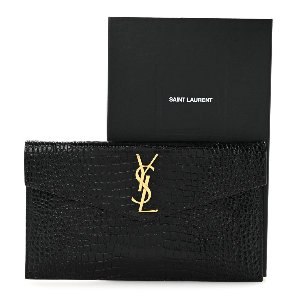 Calfskin Crocodile Embossed Uptown Monogram Clutch Black