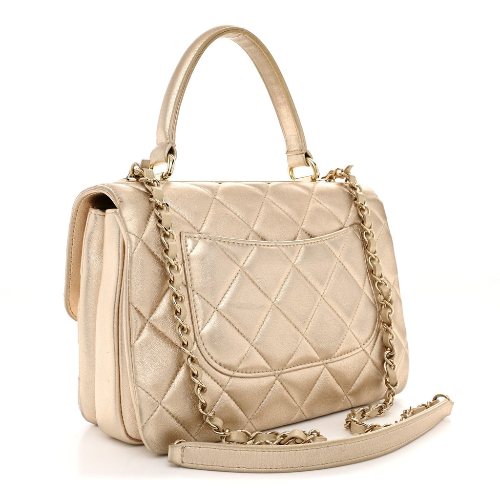 Metallic Lambskin Quilted Small Trendy CC Flap Dual Handle Bag Gold