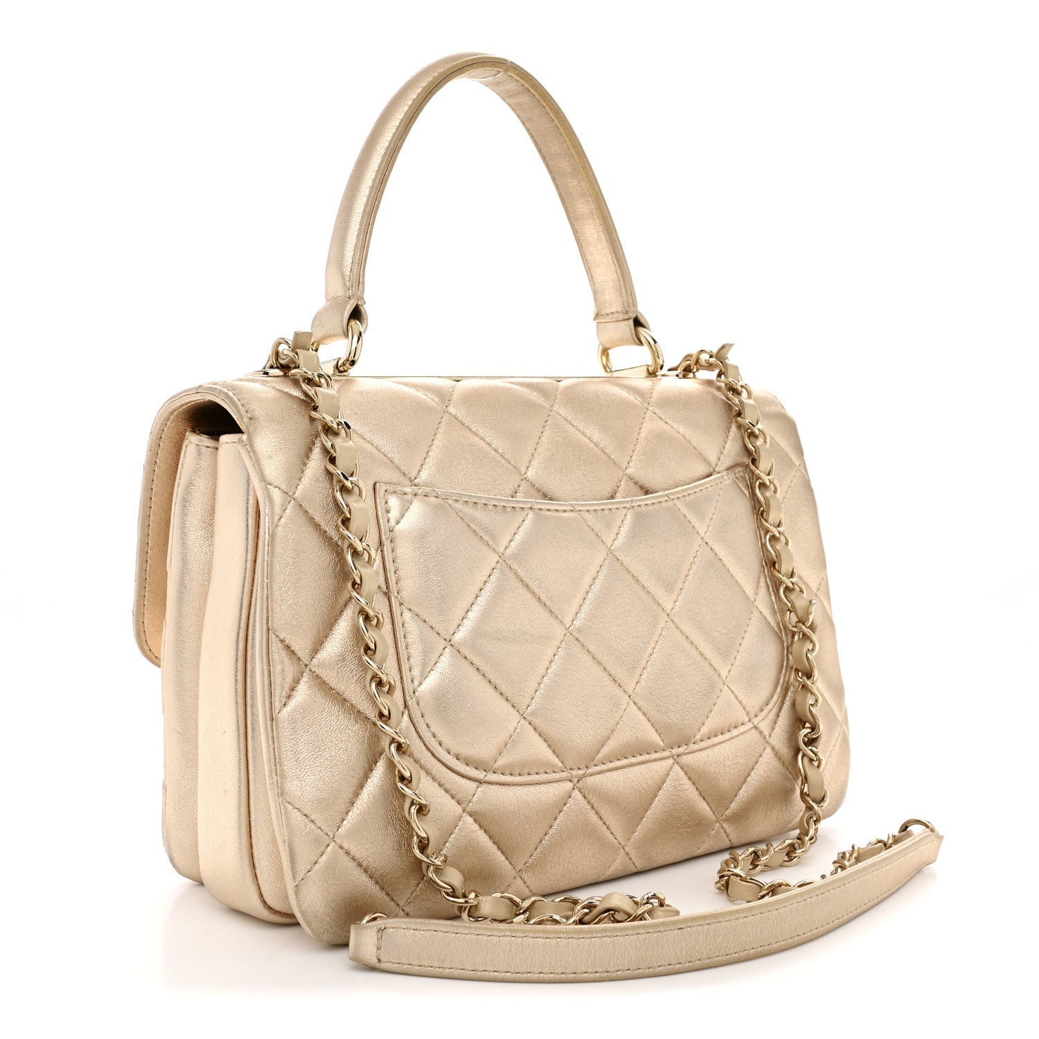 Metallic Lambskin Quilted Small Trendy CC Flap Dual Handle Bag Gold