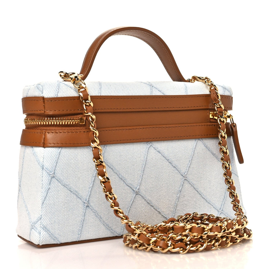 Washed Denim Calfskin Quilted Top Handle Slim Vanity Case With Chain Blue Brown Blue Brown