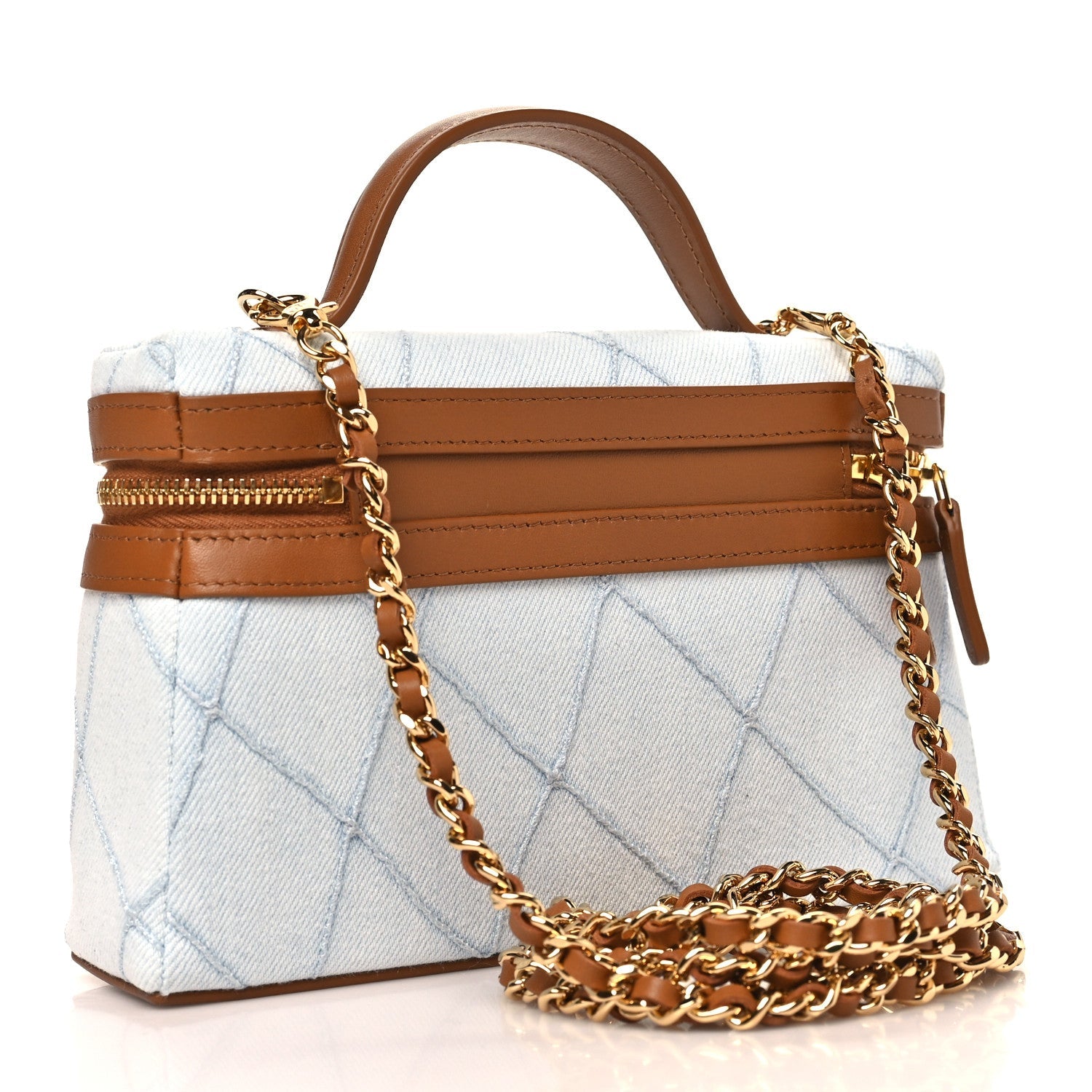 Washed Denim Calfskin Quilted Top Handle Slim Vanity Case With Chain Blue Brown Blue Brown