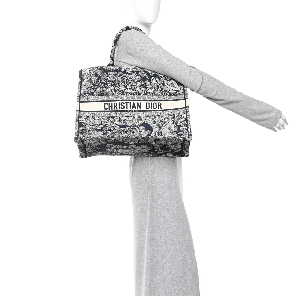 Canvas Embroidered Large Toile De Jouy Reverse Book Tote Blue