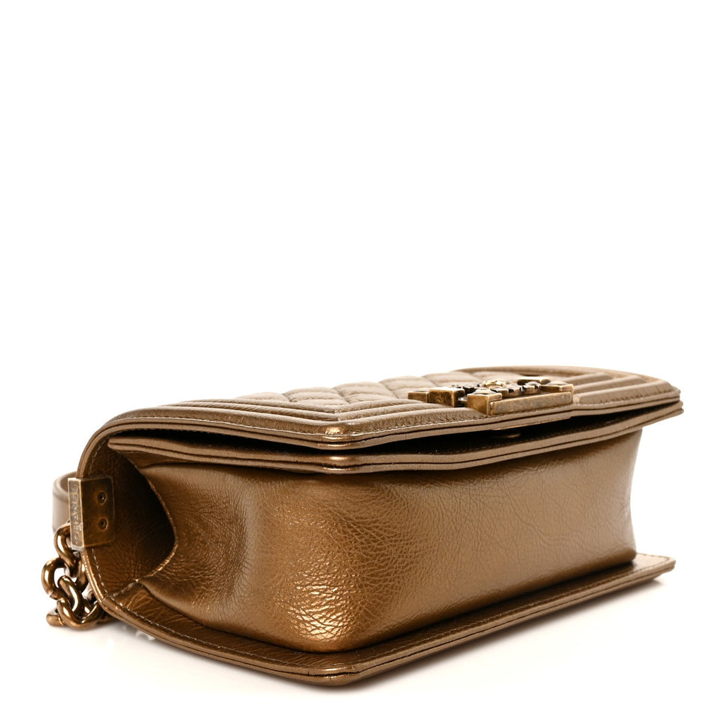 Metallic Crumpled Calfskin Quilted Gripoix Small Boy Flap Bronze