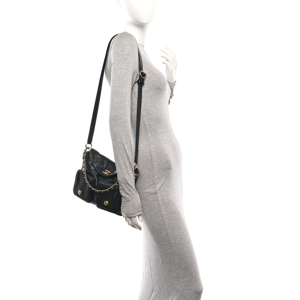 Shiny Calfskin Quilted Small Supple Twins Hobo Bag Black