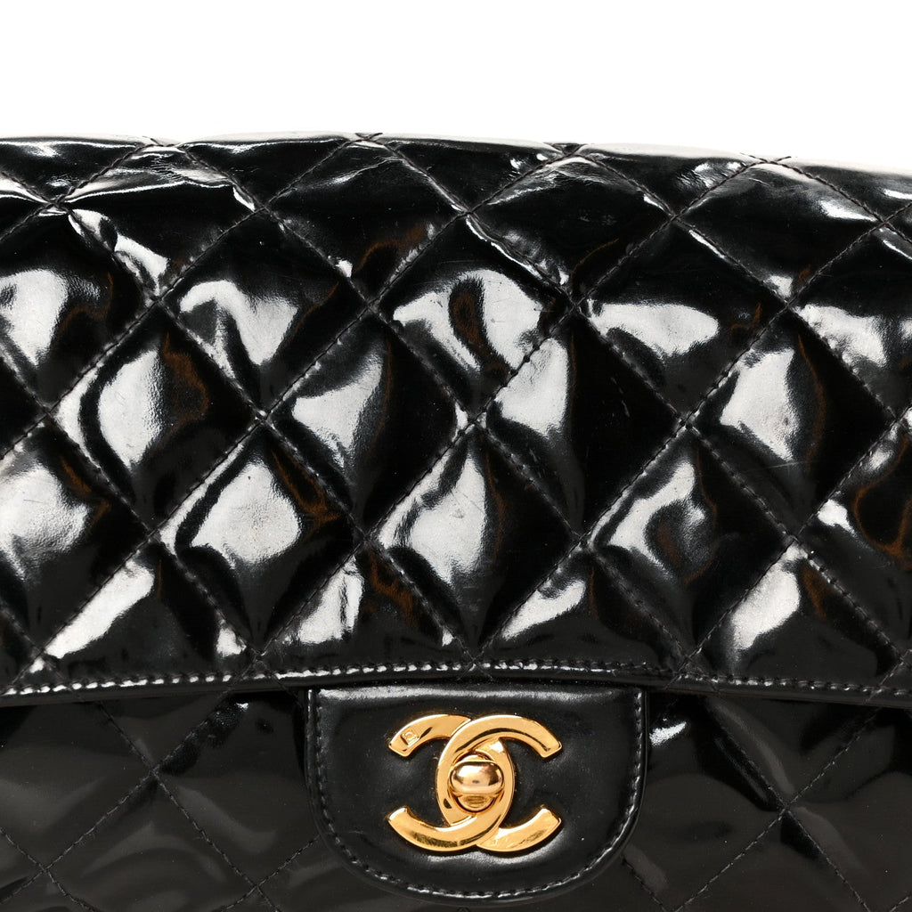 Patent Quilted Double Sided Shoulder Flap Bag Black