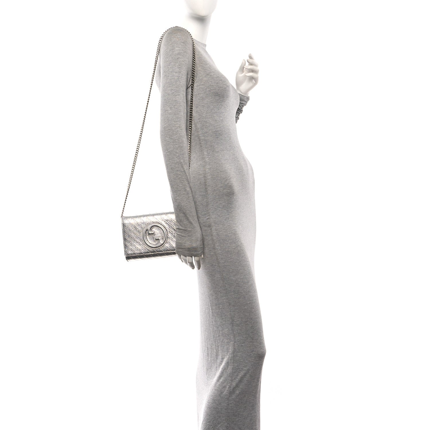 Metallic Sakai Be Green Calfskin Diagonal Stitched Blondie Wallet on Chain Silver