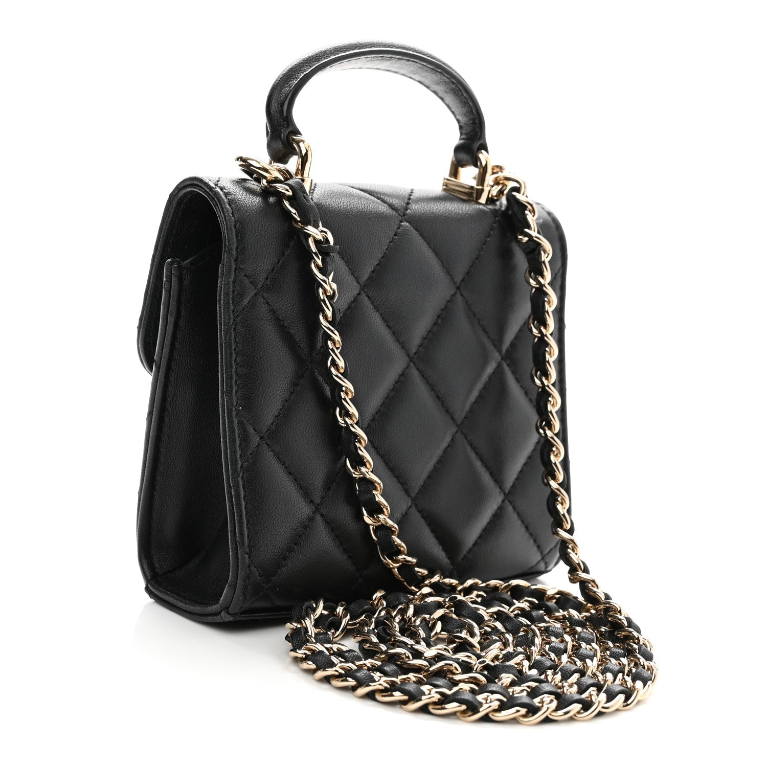 Lambskin Quilted Top Handle Flap Clutch With Chain Black