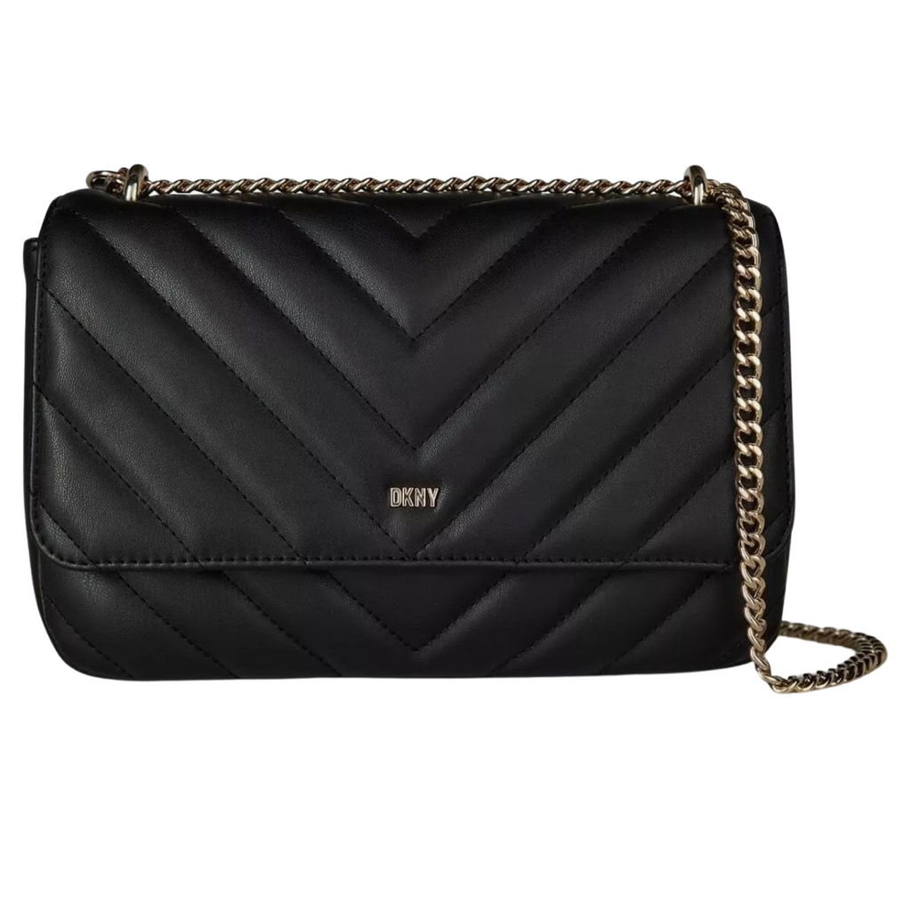 DKNY Veronica Large Chevron Quilted  Flap Chain Shoulder Bag/Crossbody in Black