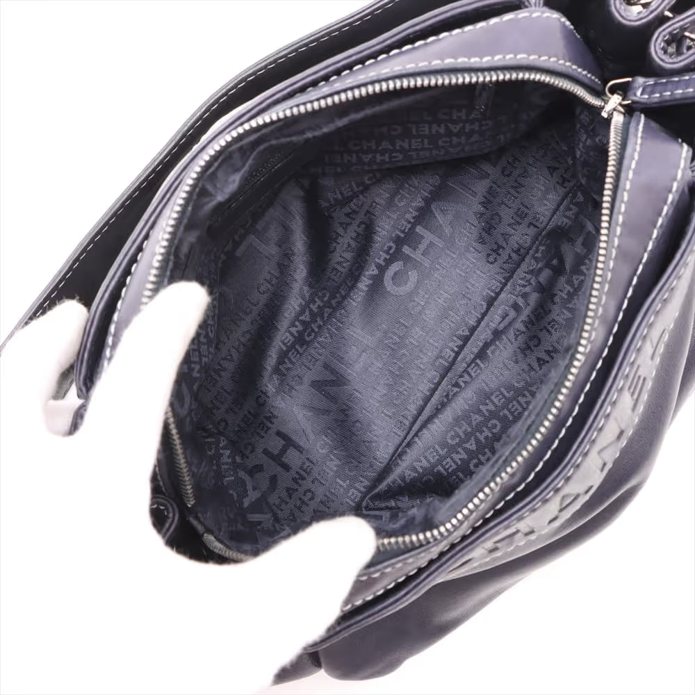 Chanel Logo Lambskin Chain Shoulder Bag Navy Blue