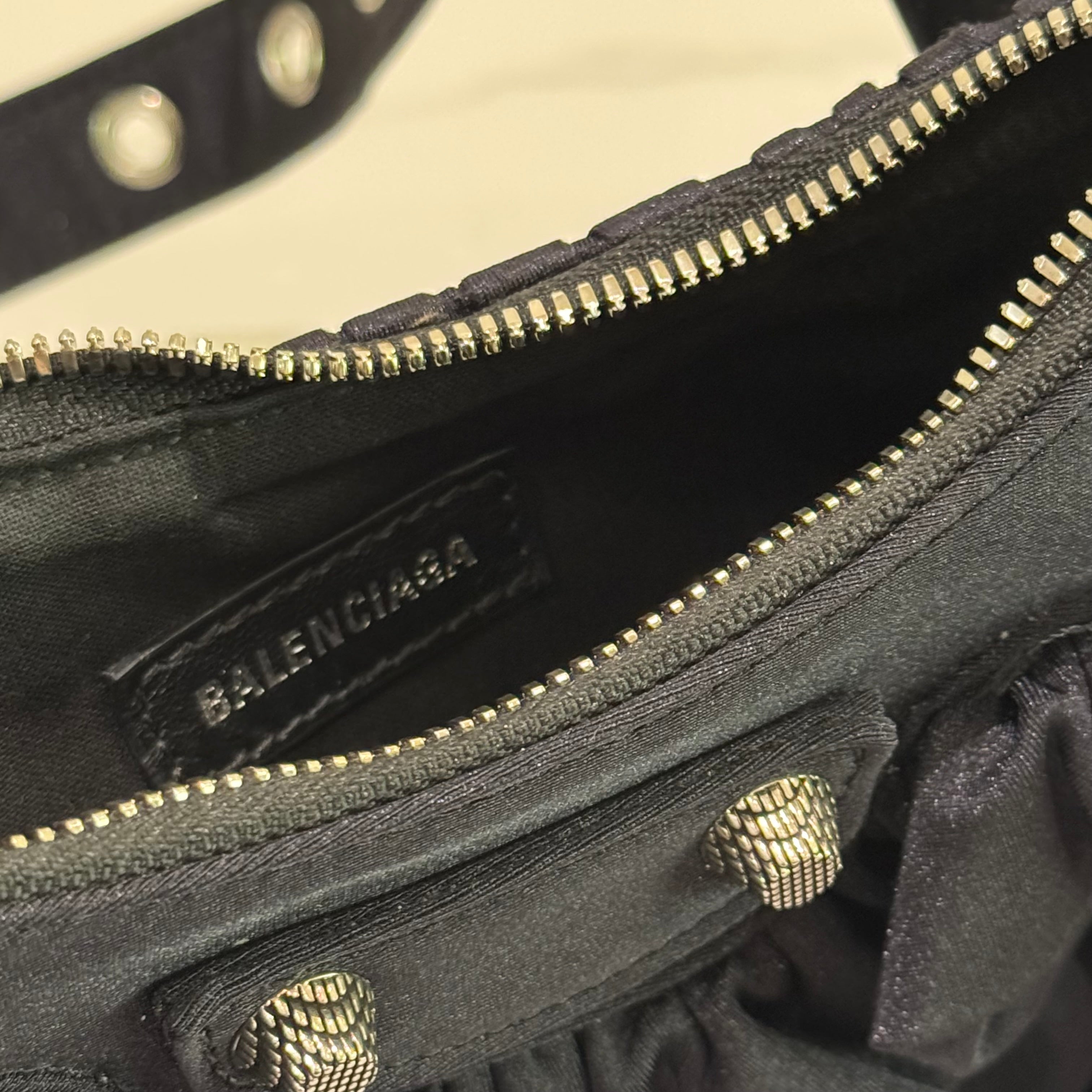 BALENCIAGA LE CAROLE RUFFLED ZIP NYLON MOTORCYCLE BAG