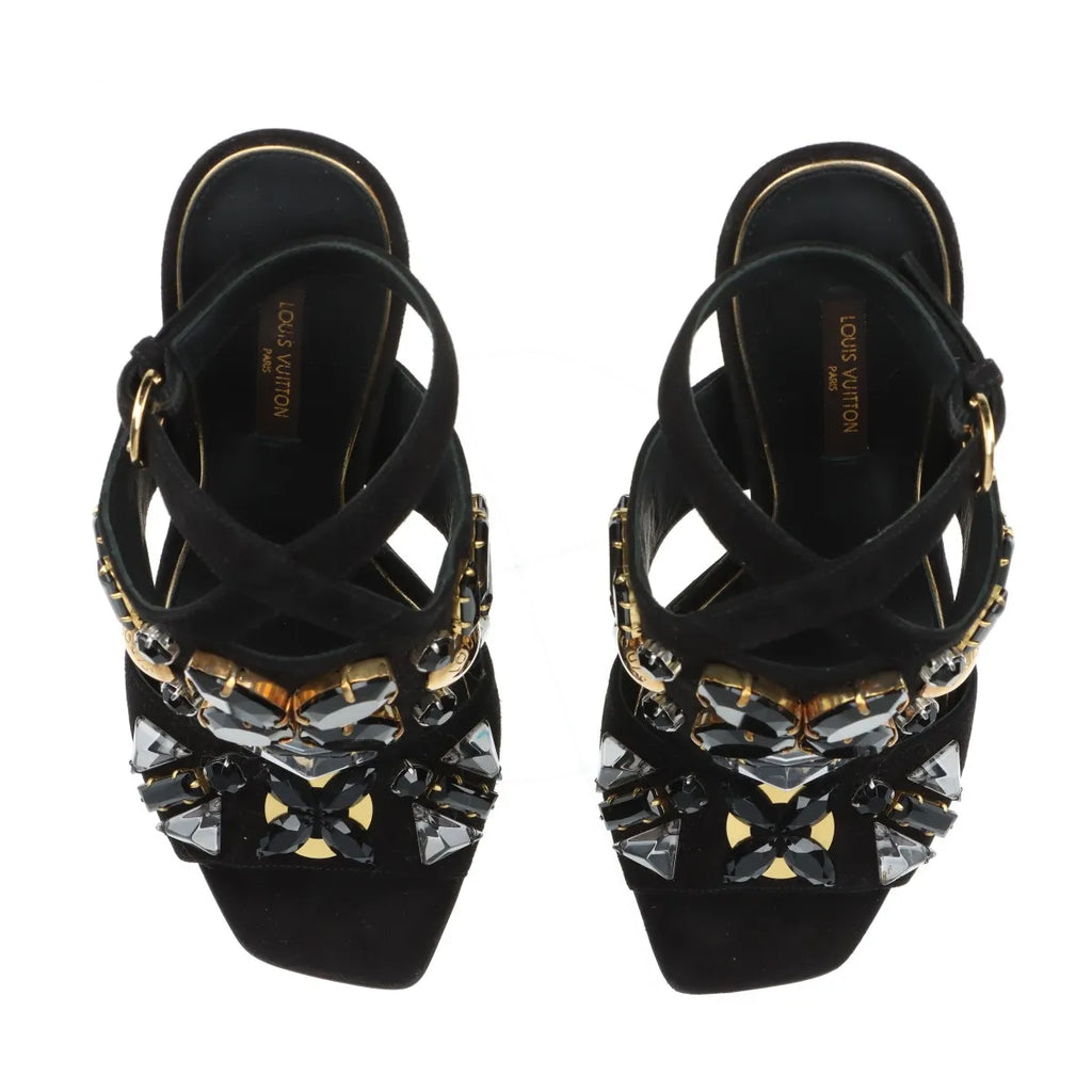 Louis Vuitton Cut Out Crsytal Suede Sandal Black