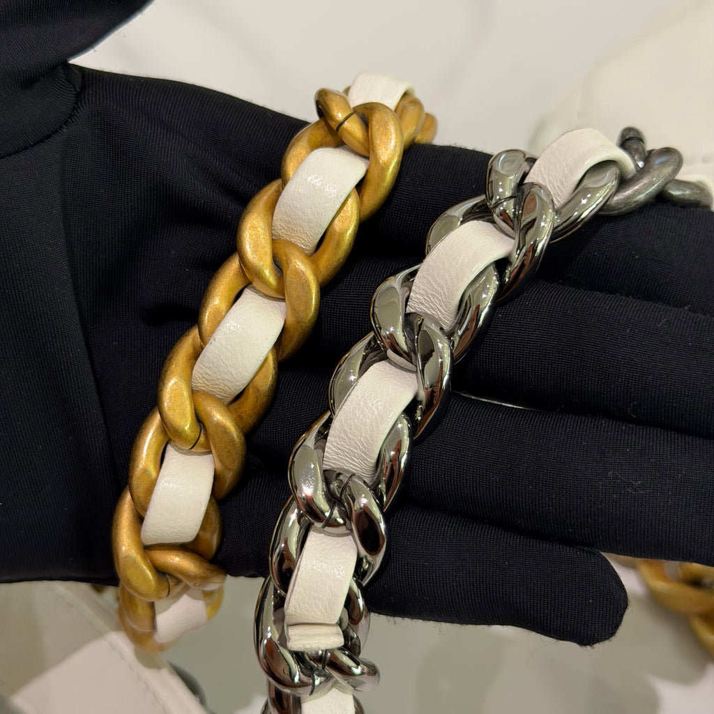 Chanel 19 Bag Small White Lambskin with Two-Tone Chain (Chip Model)