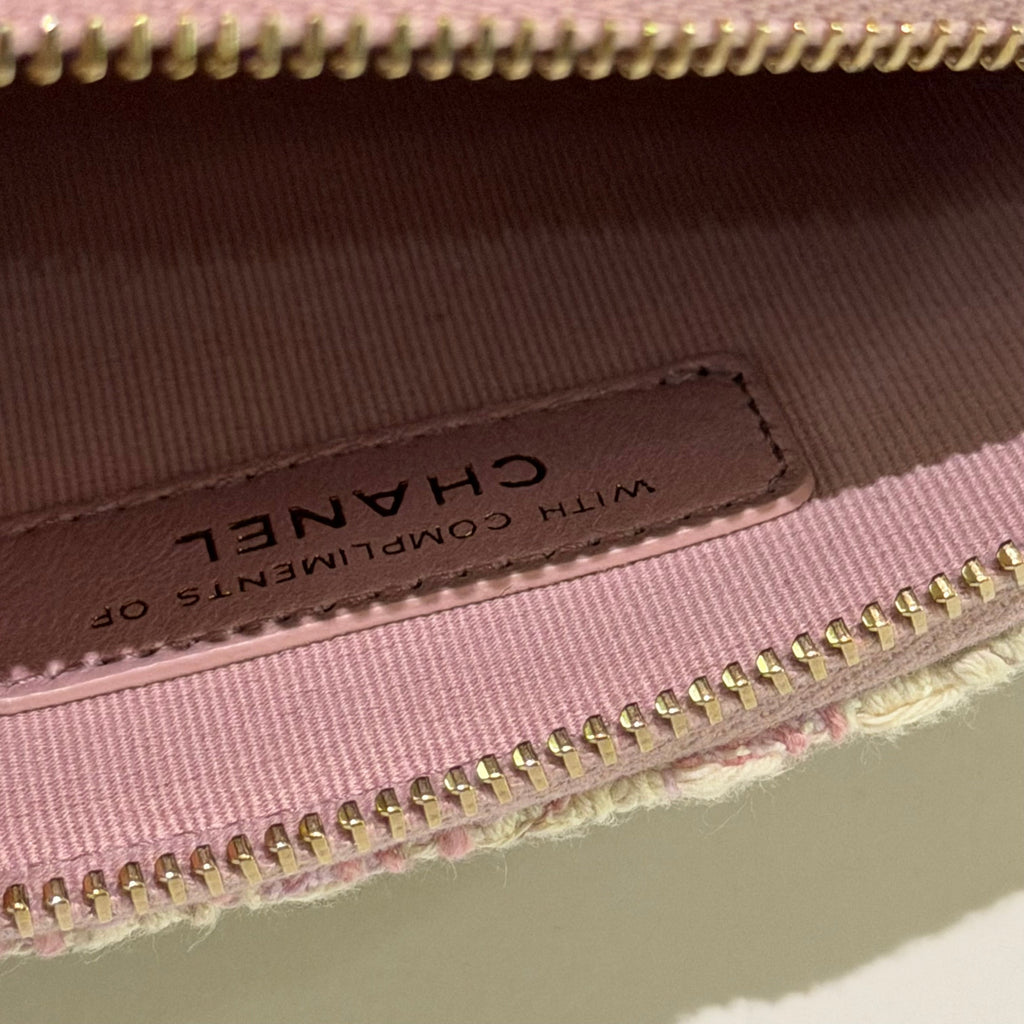 CHANEL Tweed Pink and White Woven Mini Shell Bag with Chip