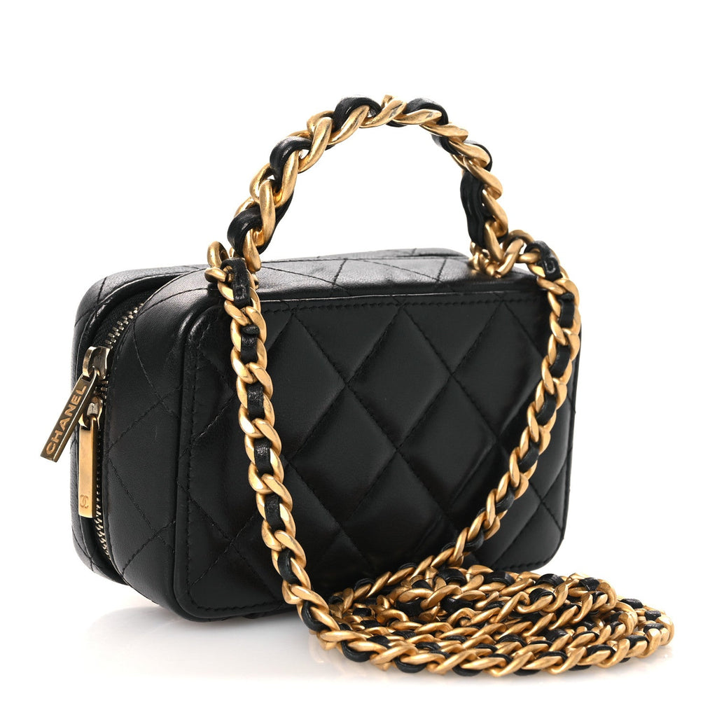 Lambskin Quilted Top Handle Mini Vanity Case Black