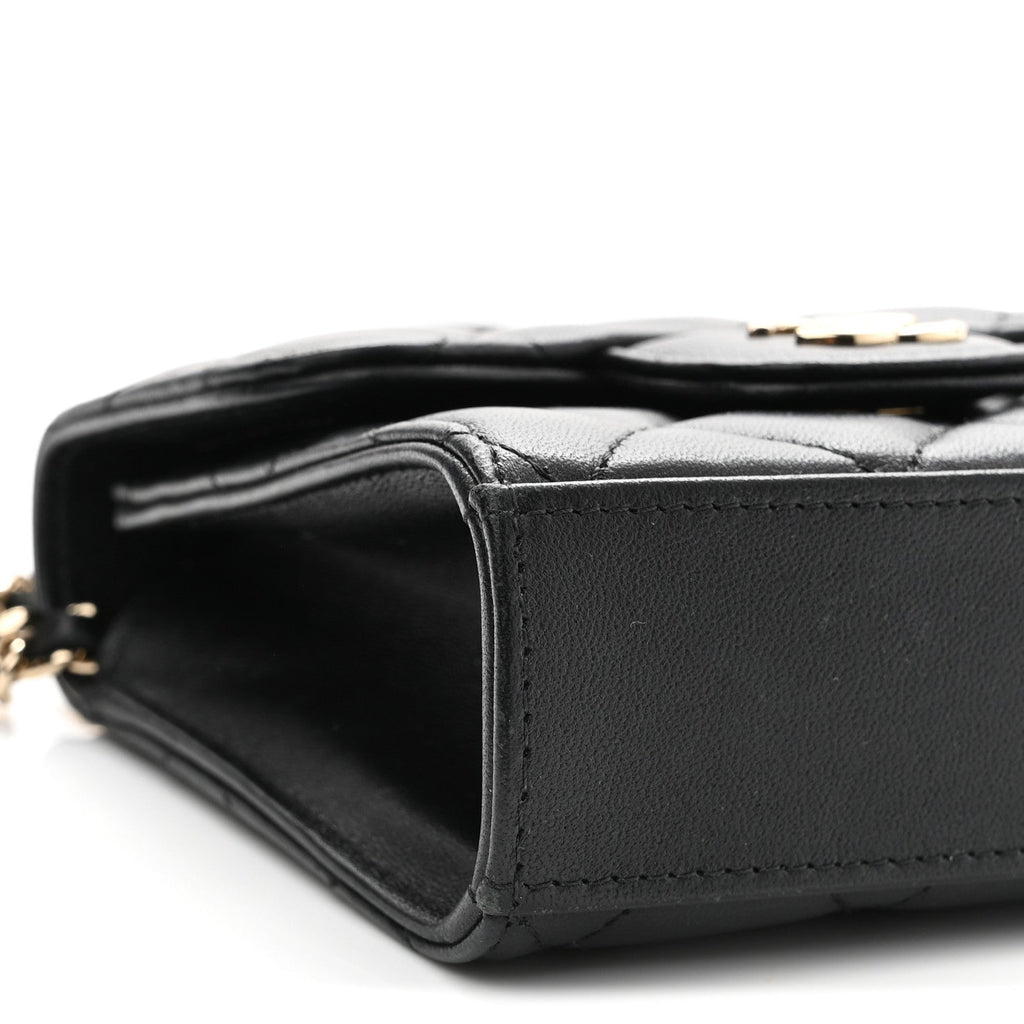 Lambskin Quilted Top Handle Flap Clutch With Chain Black
