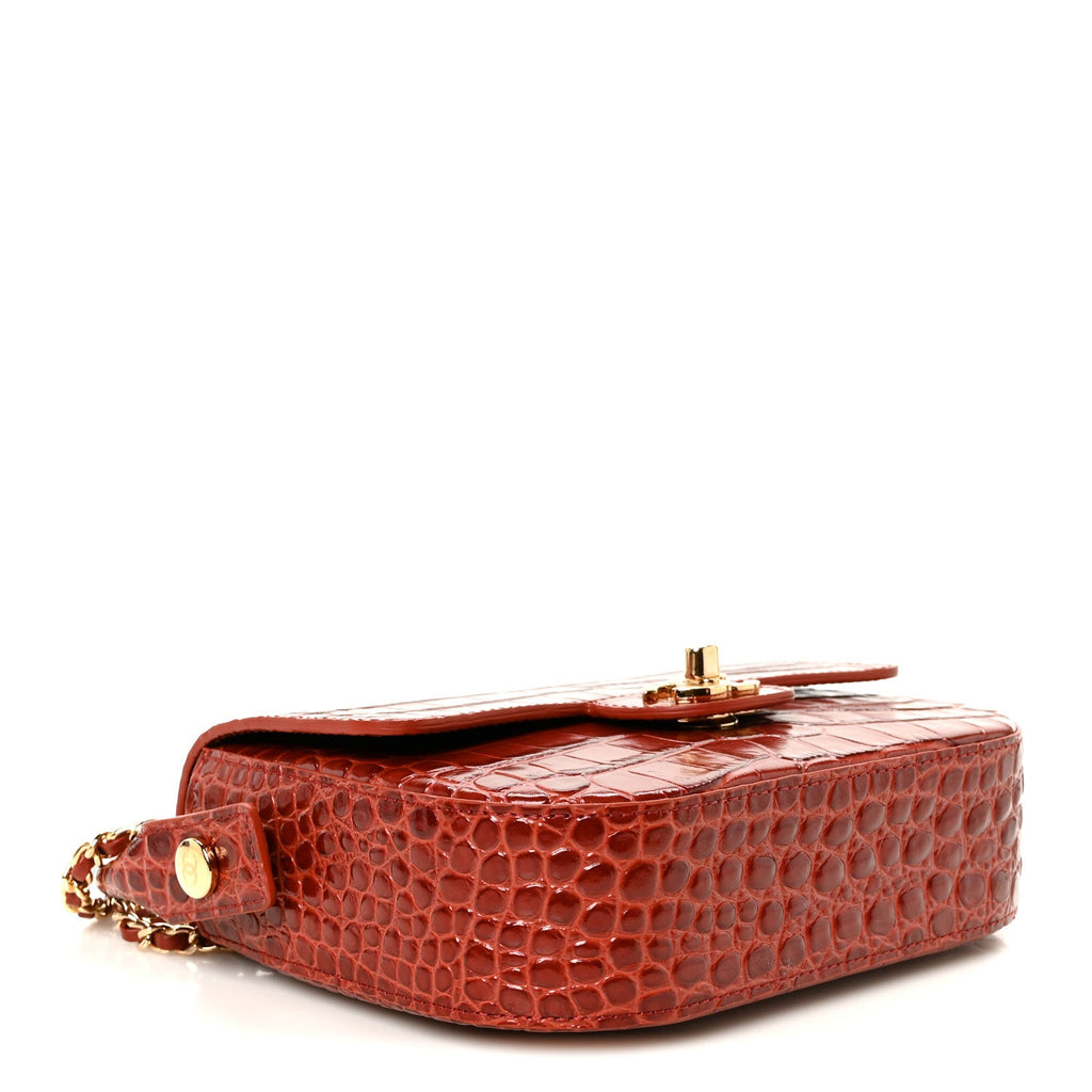 Calfskin Crocodile Embossed Turn Around Mini Flap Burgundy