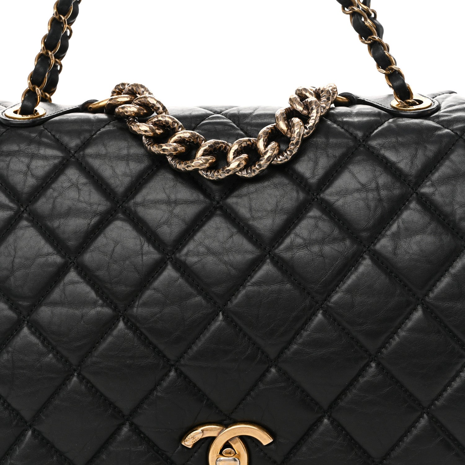 Aged Calfskin Quilted Large Pondichery Flap Black