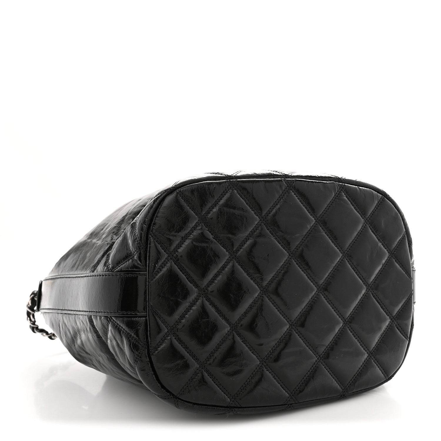 Shiny Aged Calfskin CC Chain Drawstring Bag Black