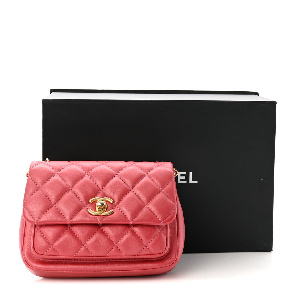Metallic Calfskin Quilted Top Handle Flap Dark Pink