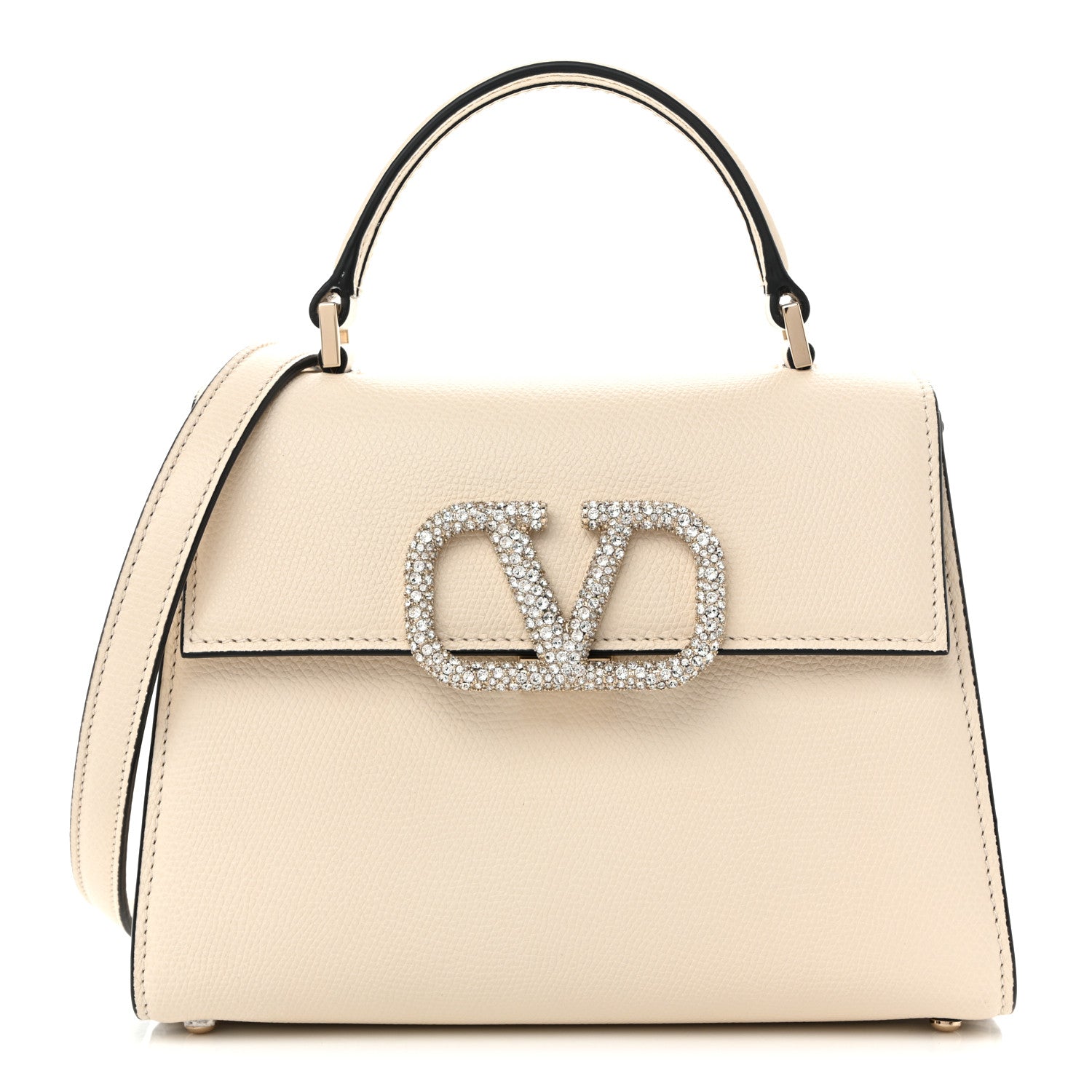 Grainy Calfskin Swarovski Crystal Embellished Small VSling Top Handle Bag Light Ivory