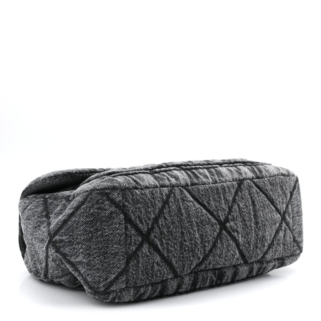 Washed Denim Quilted Large Flap Bag Black