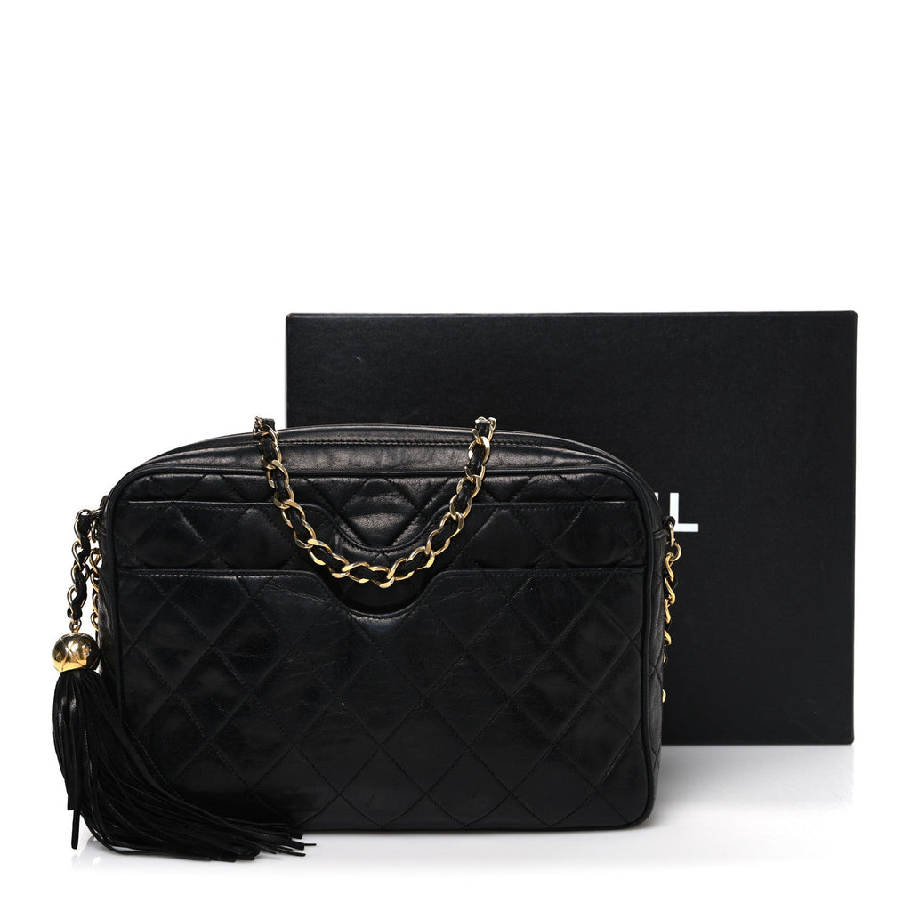 Lambskin Quilted CC Tassel Camera Case Black