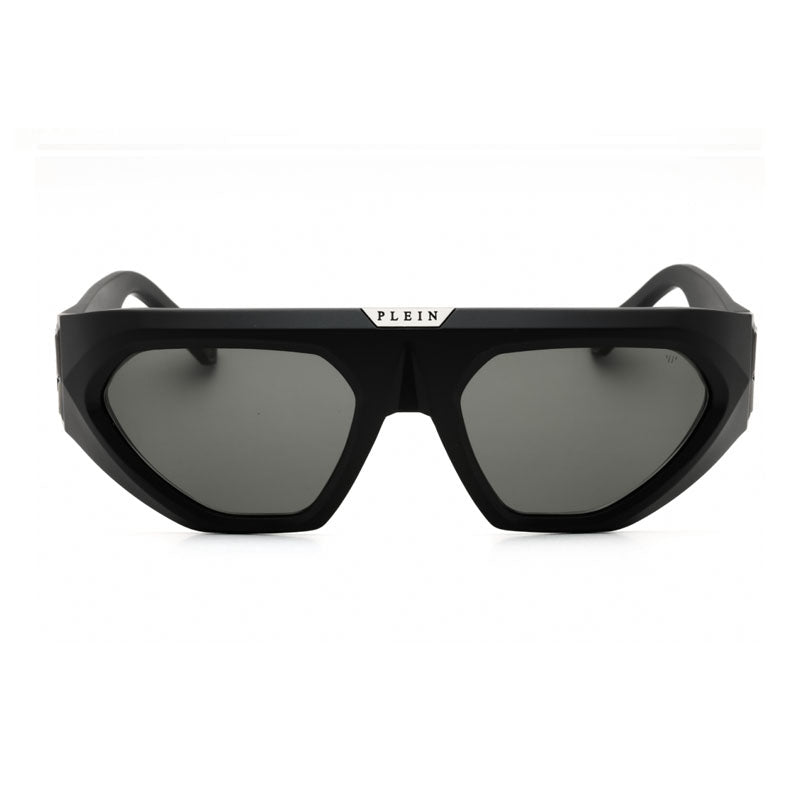 Philipp Plein Sunglasses Rectangle Full Rim, Shiny Black Frame and Grey Silver Mirror Lens SPP153Z42X