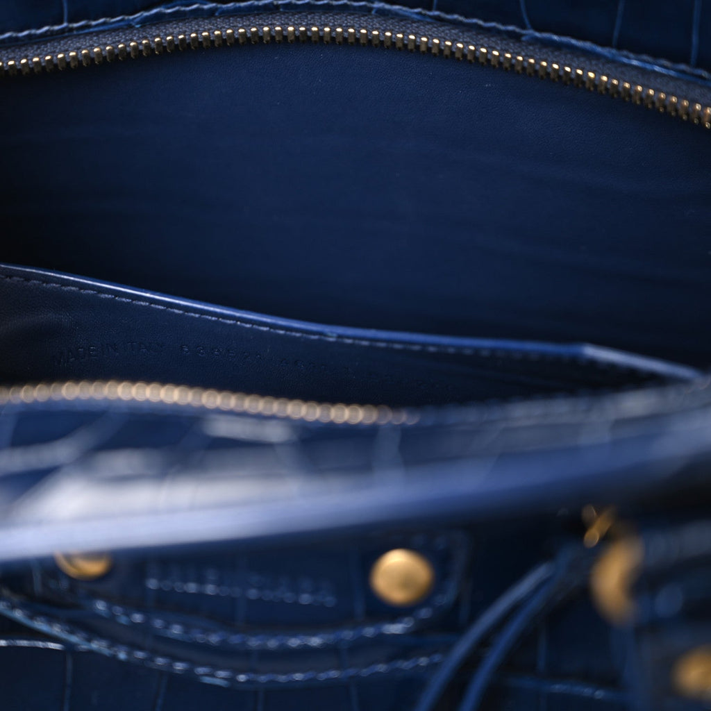 Shiny Supple Calfskin Crocodile Embossed Neo Classic Gold Hardware S City Navy
