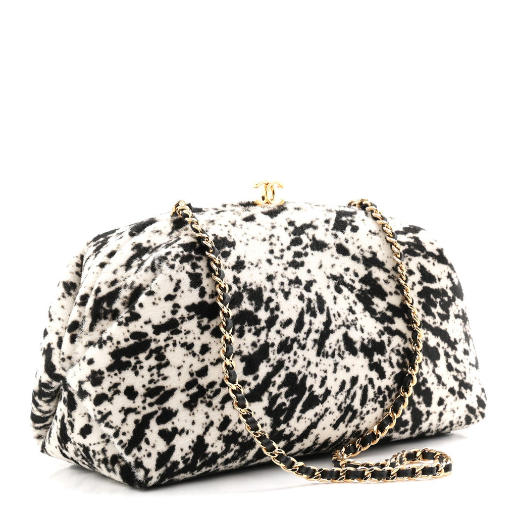Lambskin Pony Hair Printed Clutch With Chain Black White
