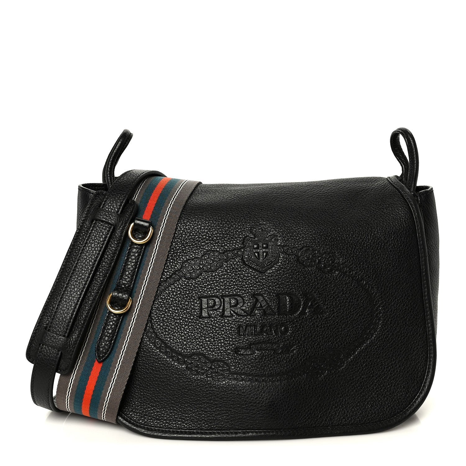Vitello Daino Embossed Logo Flap Shoulder Bag Black