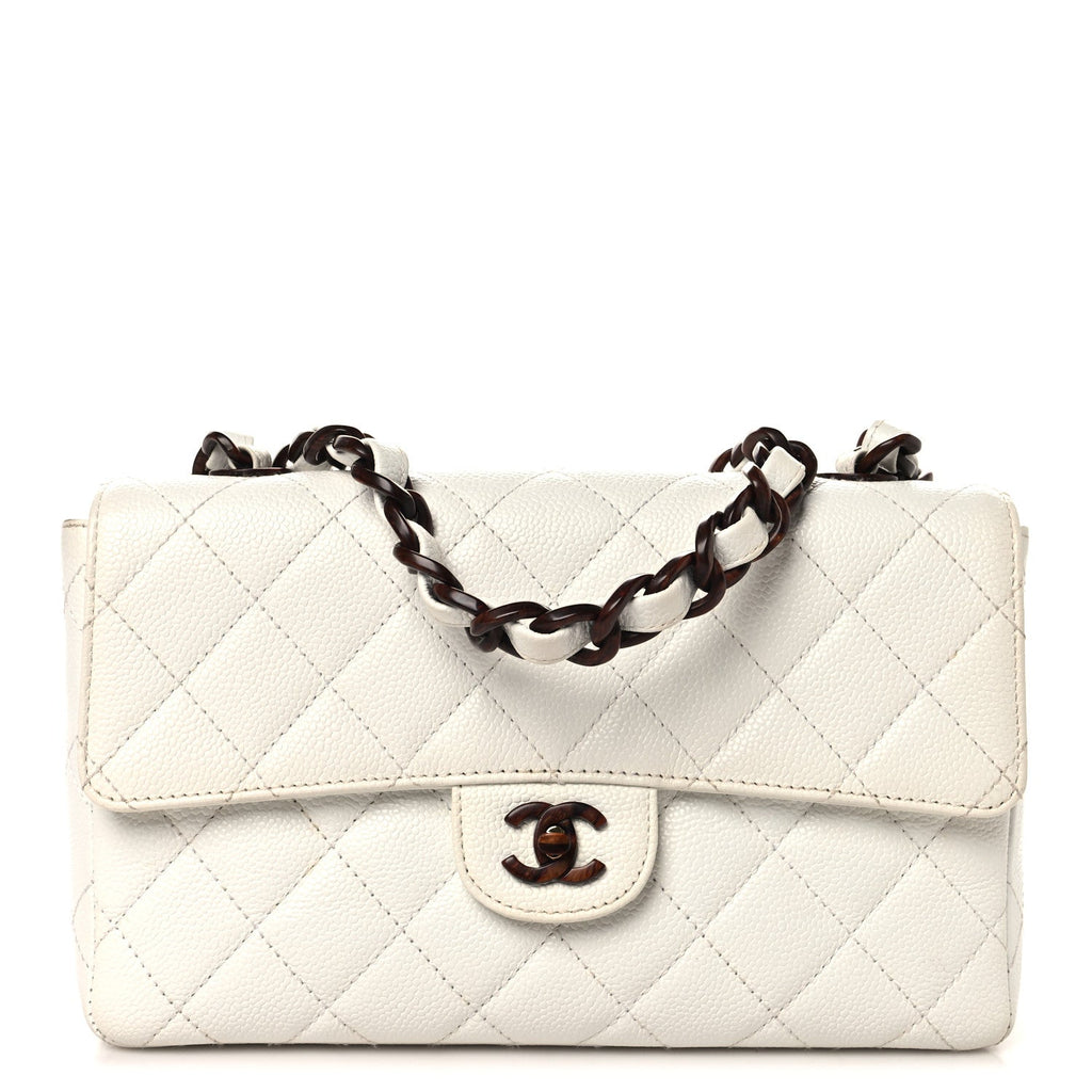 Caviar Quilted Tortoise Medium Single Flap White