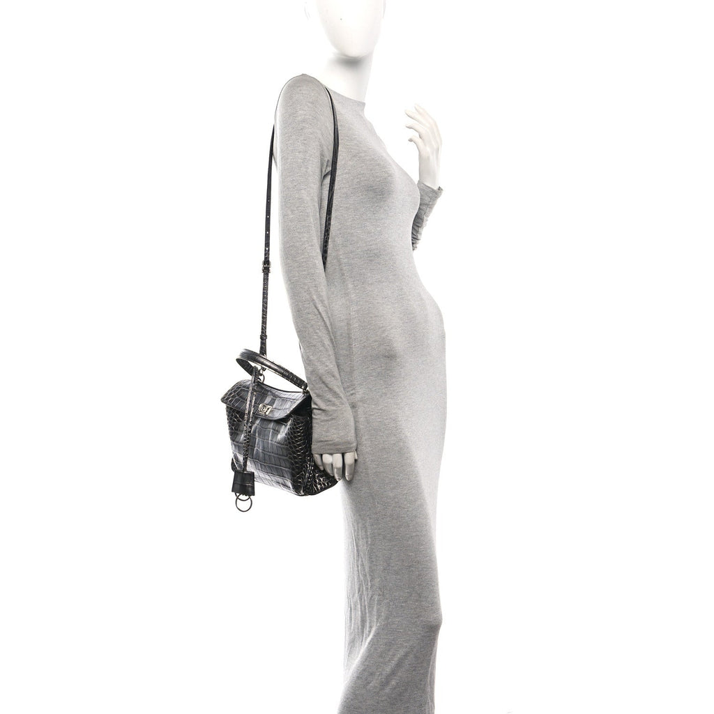 Metallized Calfskin Crocodile Embossed Mini Rodeo Top Handle Handbag Gunmetal