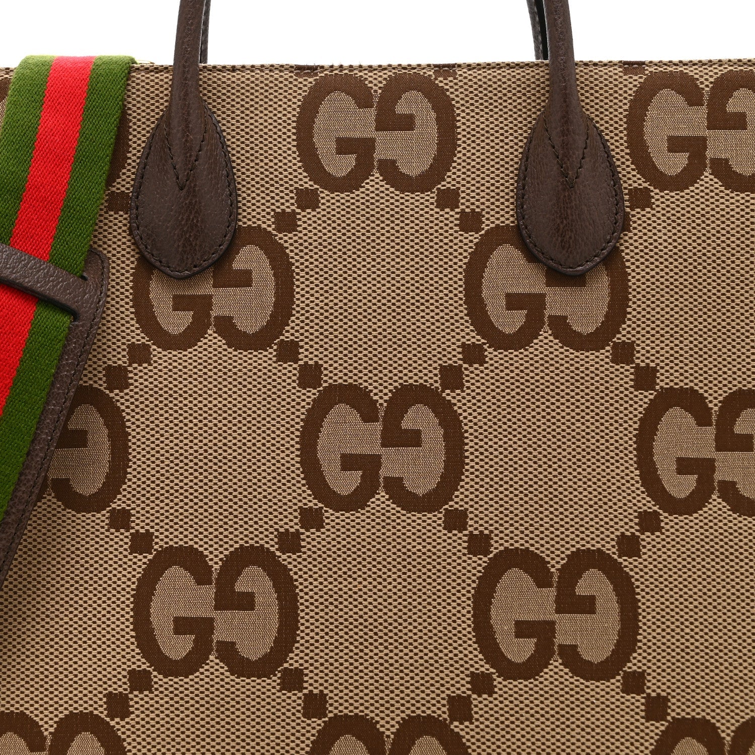 Monogram Jumbo GG Textured Dollar Calfskin Web Tote Bag Camel Ebony New Acero