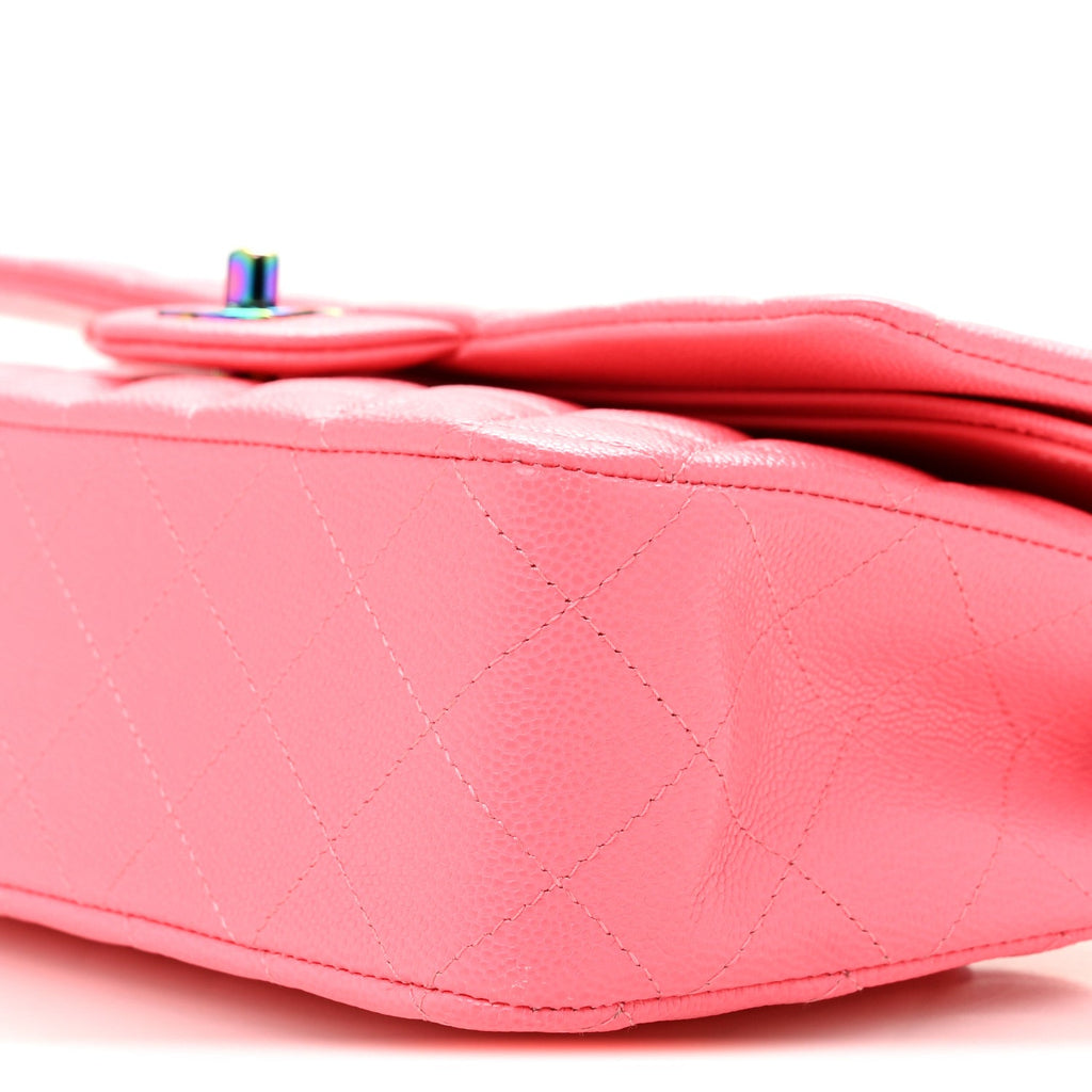 Caviar Quilted Rainbow Medium Double Flap Coral Pink