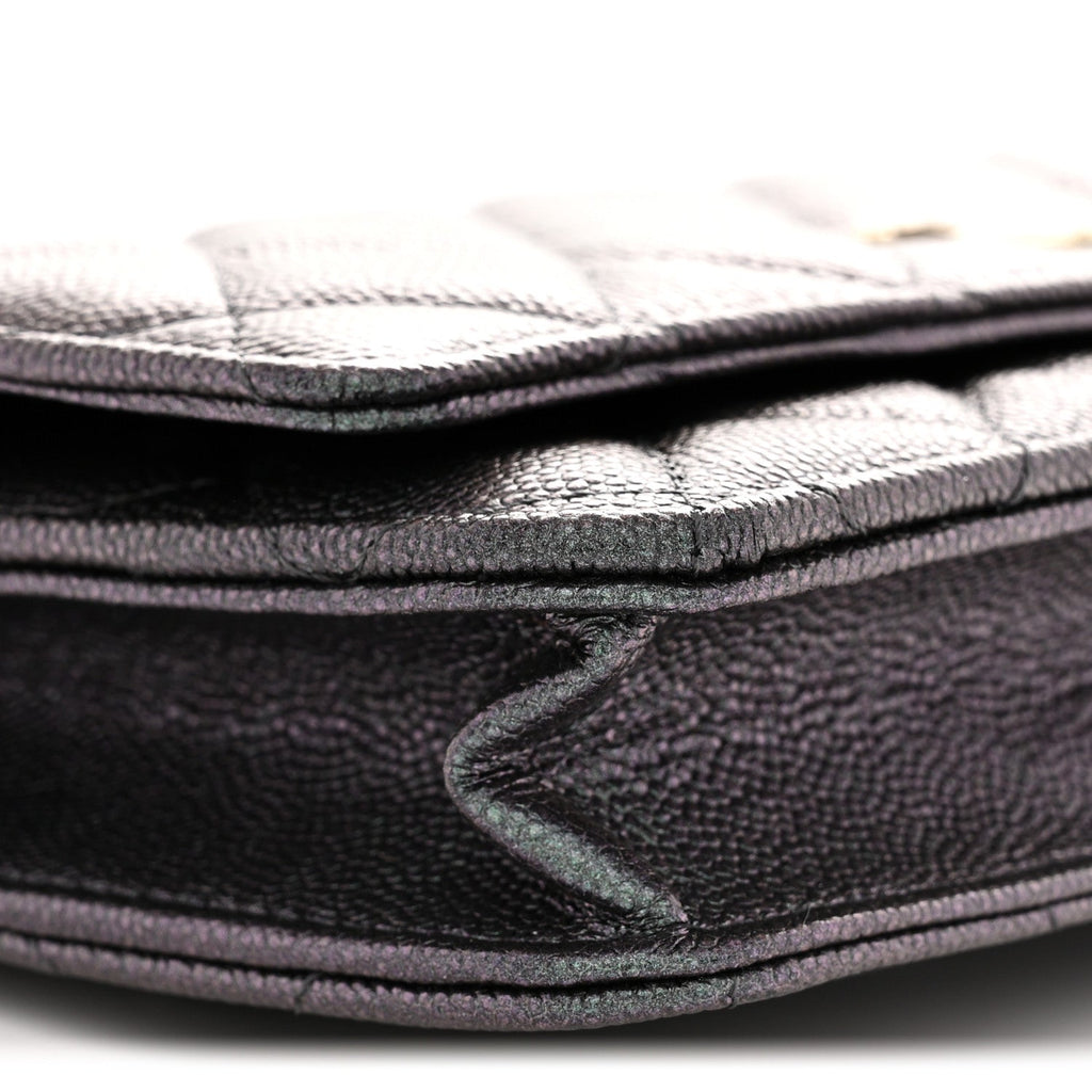 Iridescent Caviar Quilted Wallet on Chain WOC Dark Blue