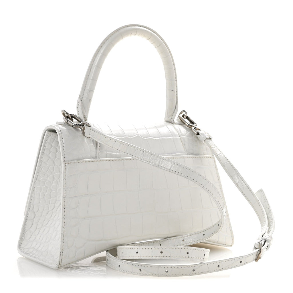 Calfskin Crocodile Embossed Small Hourglass Top Handle Bag White