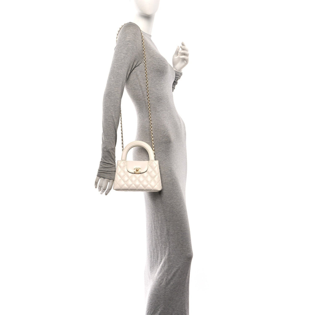 Shiny Aged Calfskin Quilted Nano Kelly Shopper White