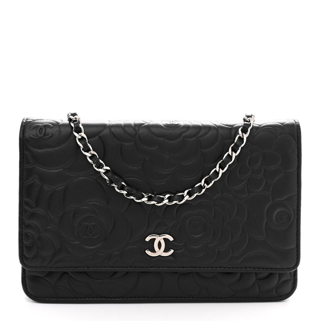 Lambskin Camellia Embossed Wallet On Chain WOC Black