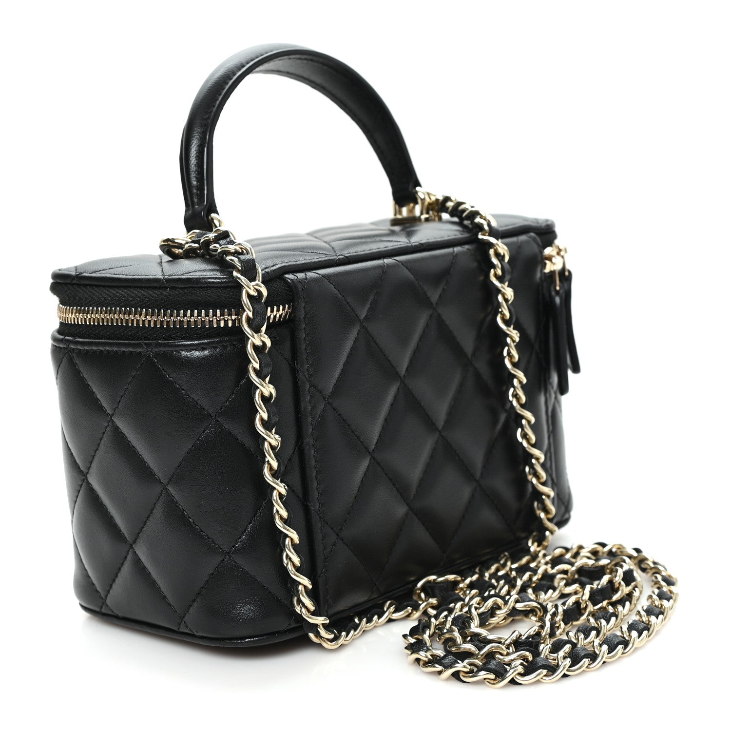 Lambskin Quilted Small Top Handle Vanity Case With Chain Black