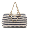 Printed Fabric Clutch With Chain Light Beige Dark Blue