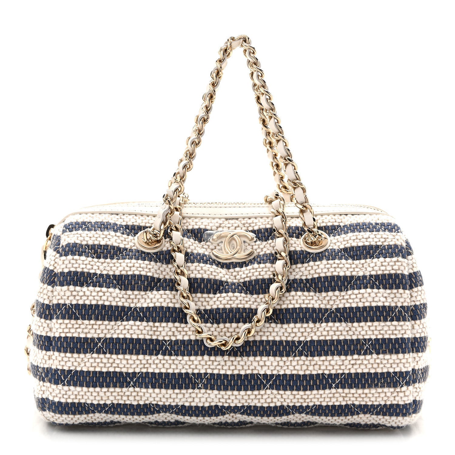 Printed Fabric Clutch With Chain Light Beige Dark Blue