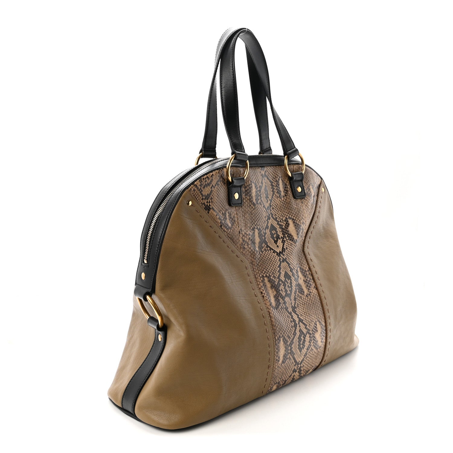 Calfskin Snakeskin Oversized Muse Satchel Black Beige