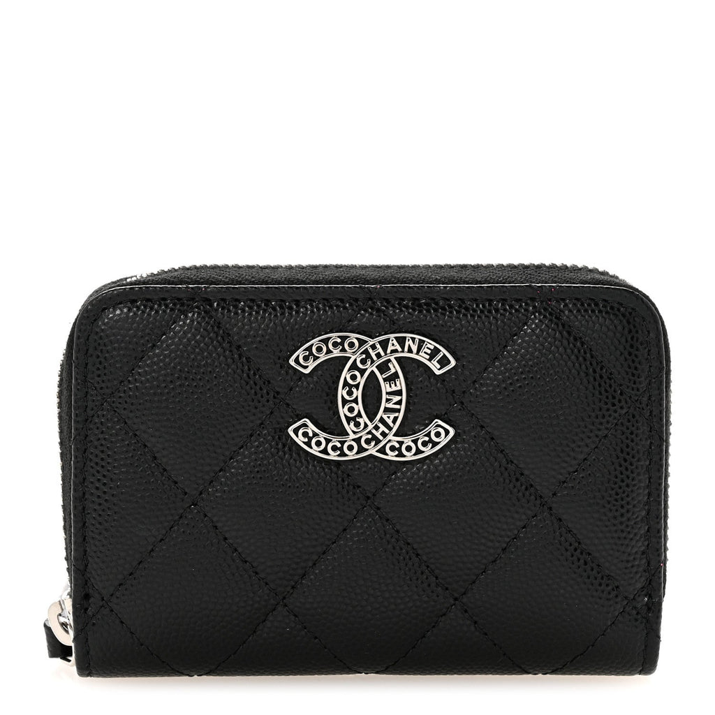 Caviar Quilted Coco Chanel Logo CC Zip Coin Purse Black