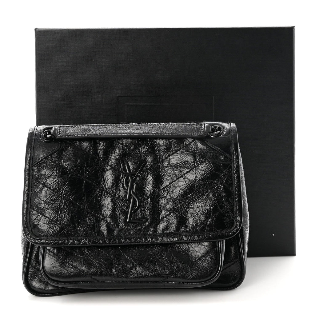 Crinkled Calfskin Matelasse Monogram Baby Niki Chain Satchel Black