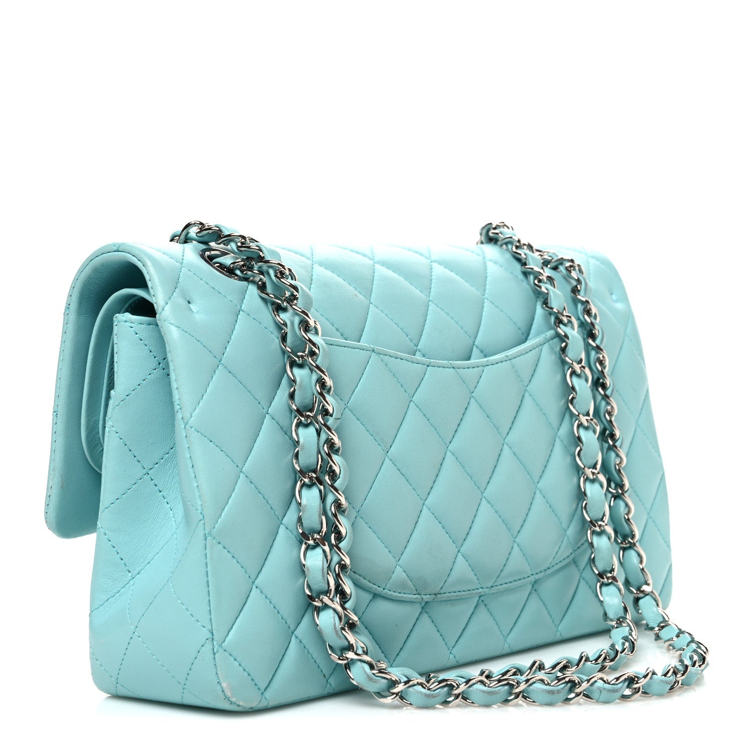 Lambskin Quilted Medium Double Flap Light Blue