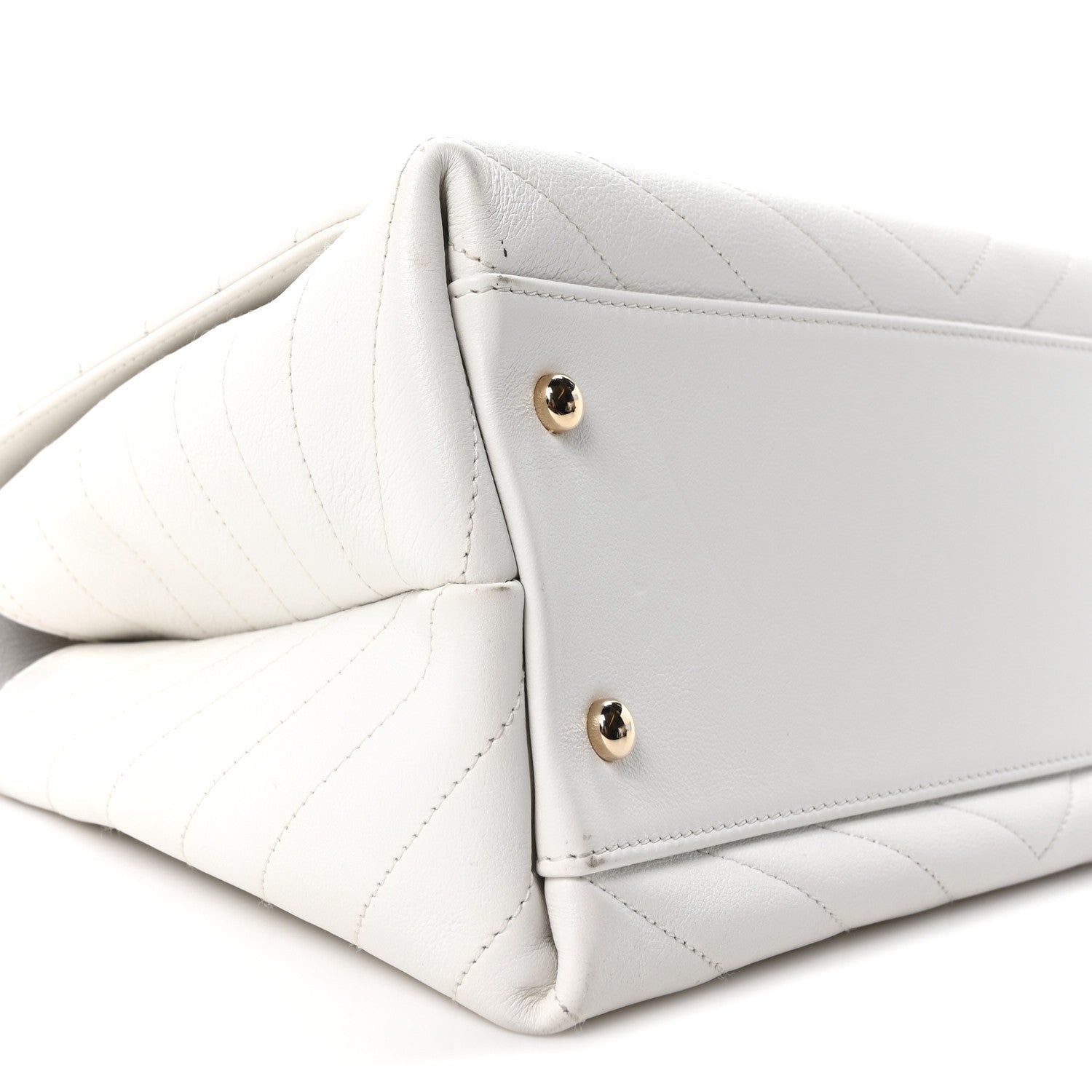 Grained Calfskin Stitched Medium Chevron Chic Top Handle Flap White
