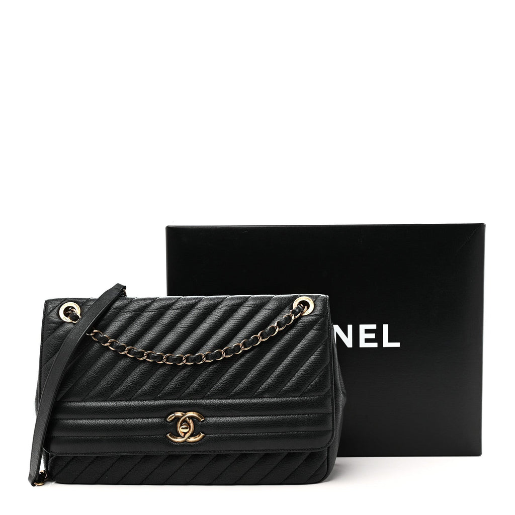 Shiny Goatskin Diagonal Quilted Large Flap Black